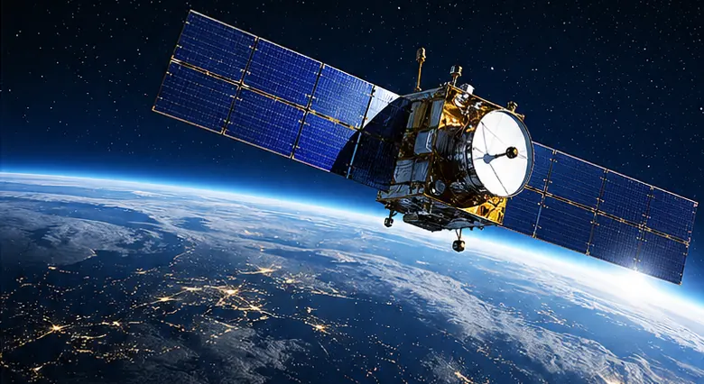 A satellite with solar arrays deployed above the Earth.