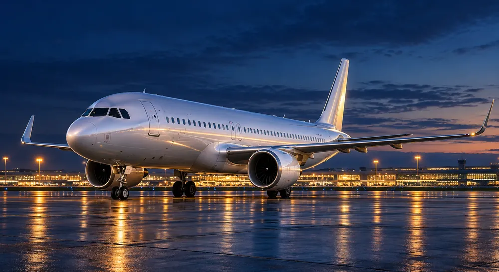 A commercial airliner on the apron at dusk, terminal lights behind.