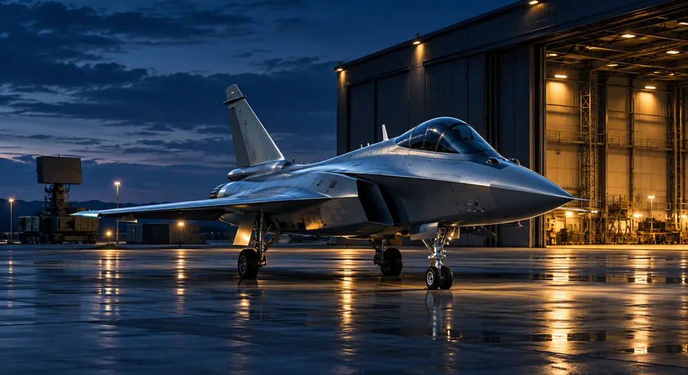 A fighter aircraft on the apron outside a hangar at dusk.