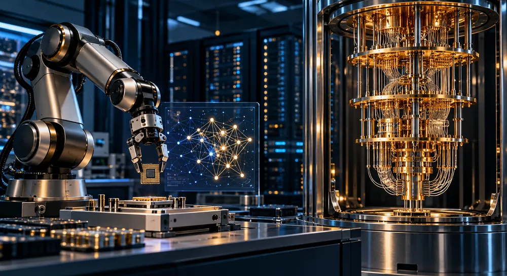 A robotic arm placing a chip beside a quantum computer in a laboratory.