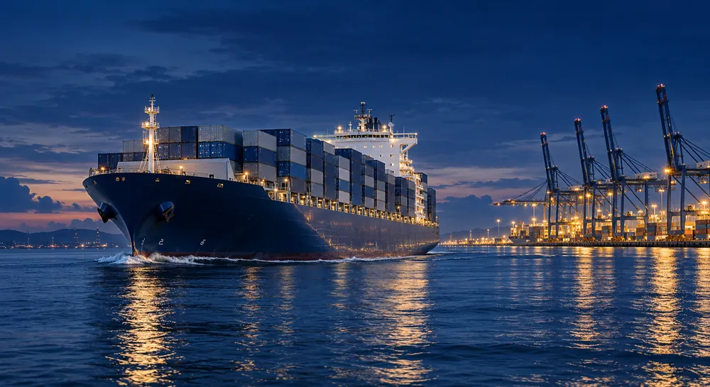 A container ship leaving port at dusk, with gantry cranes lit behind it.
