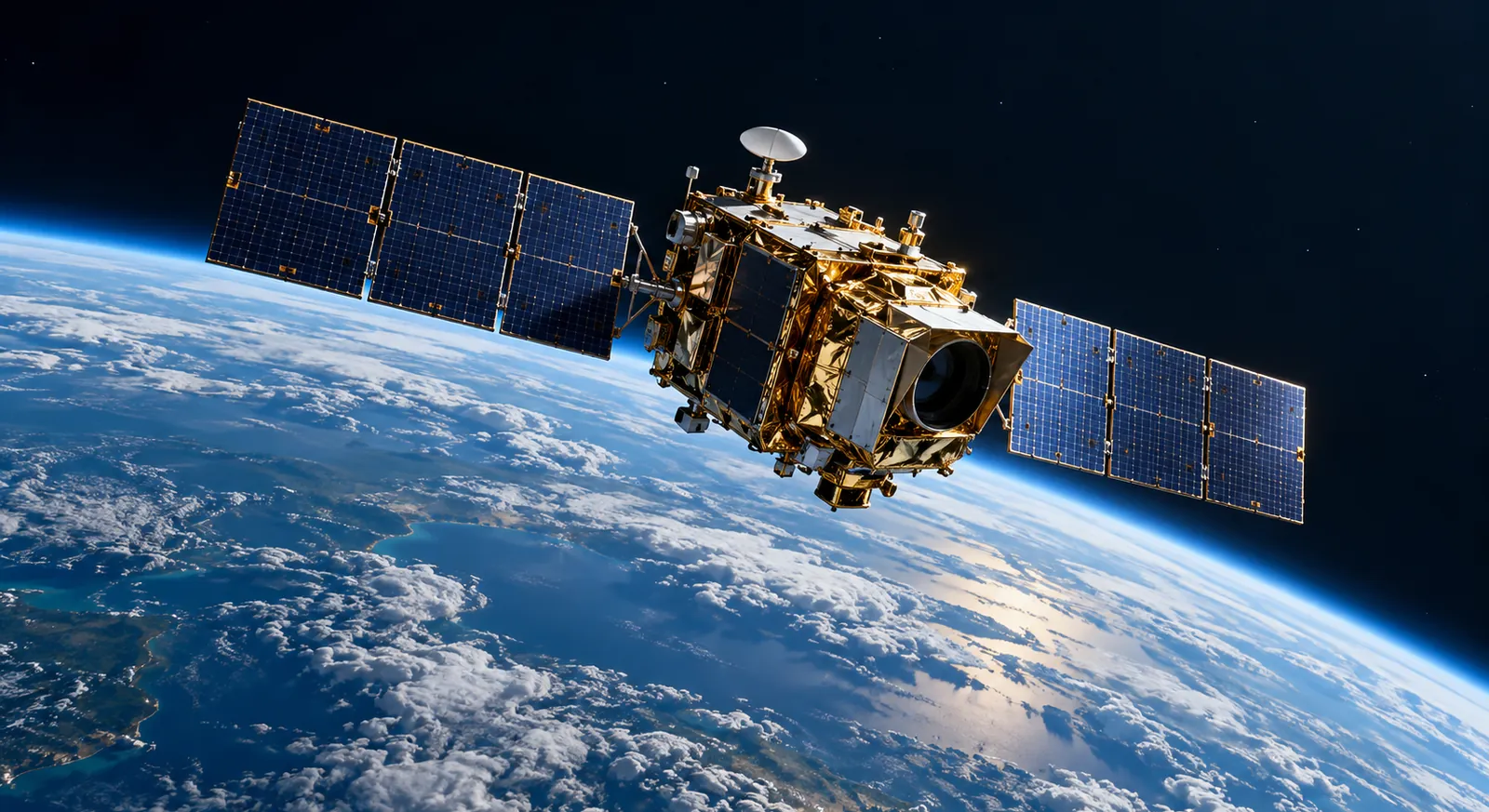 A satellite with solar arrays deployed, in orbit above the Earth.
